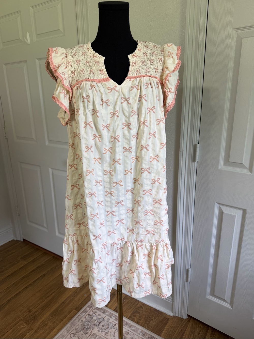 Umgee bow print mini dress coquette balletcore cottagecore pink ribbon dress L